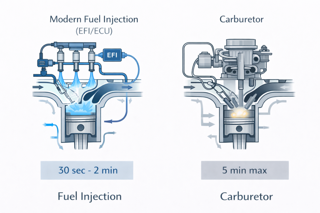 Diagram perbandingan mesin injeksi dan non-injeksi terkait 5 Menit Hangat Mobil Pagi Hemat Bensin Aman 2026