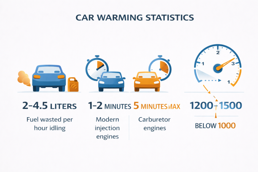 Infografis data waktu pemanasan mobil dan konsumsi bahan bakar untuk 5 Menit Hangat Mobil Pagi Hemat Bensin Aman 2026