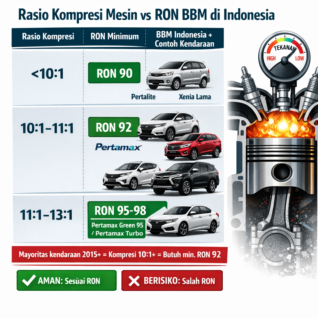 Tabel rasio kompresi mesin versus RON minimum BBM Indonesia: di bawah 10:1 
pakai Pertalite RON 90, 10:1-11:1 butuh Pertamax RON 92, 11:1-13:1 perlu 
Pertamax Green 95 atau Turbo untuk kendaraan modern 2015 ke atas