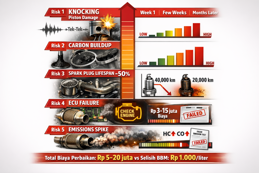 Infografis lima risiko fatal BBM RON rendah: knocking piston retak, carbon 
buildup ruang bakar, usia busi berkurang 50 persen, ECU rusak biaya 3-15 juta 
rupiah, emisi gas buang meningkat gagal uji berdasarkan ITB Otospector 2025
