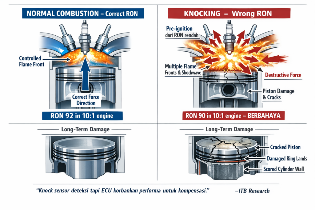 Diagram teknis mekanisme knocking pembakaran prematur BBM RON rendah menyebabkan 
piston menerima gaya berlawanan menciptakan retak kerusakan versus pembakaran 
normal RON sesuai standar berdasarkan penelitian Tri Yuswidjajanto ITB 2025