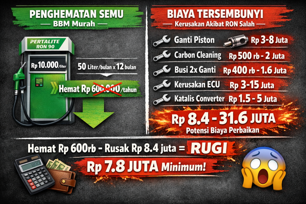 Infografis perbandingan biaya penghematan semu BBM murah RON 90 hemat 600 ribu 
per tahun versus biaya perbaikan kerusakan mesin 8,4 hingga 31,6 juta rupiah 
untuk piston ECU karbon busi katalitik konverter menurut Otospector 2025