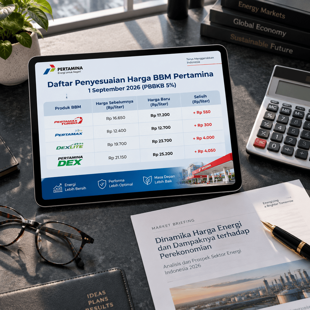 Tablet menampilkan tabel perbandingan harga BBM nonsubsidi Pertamina periode Agustus dan September 2026.