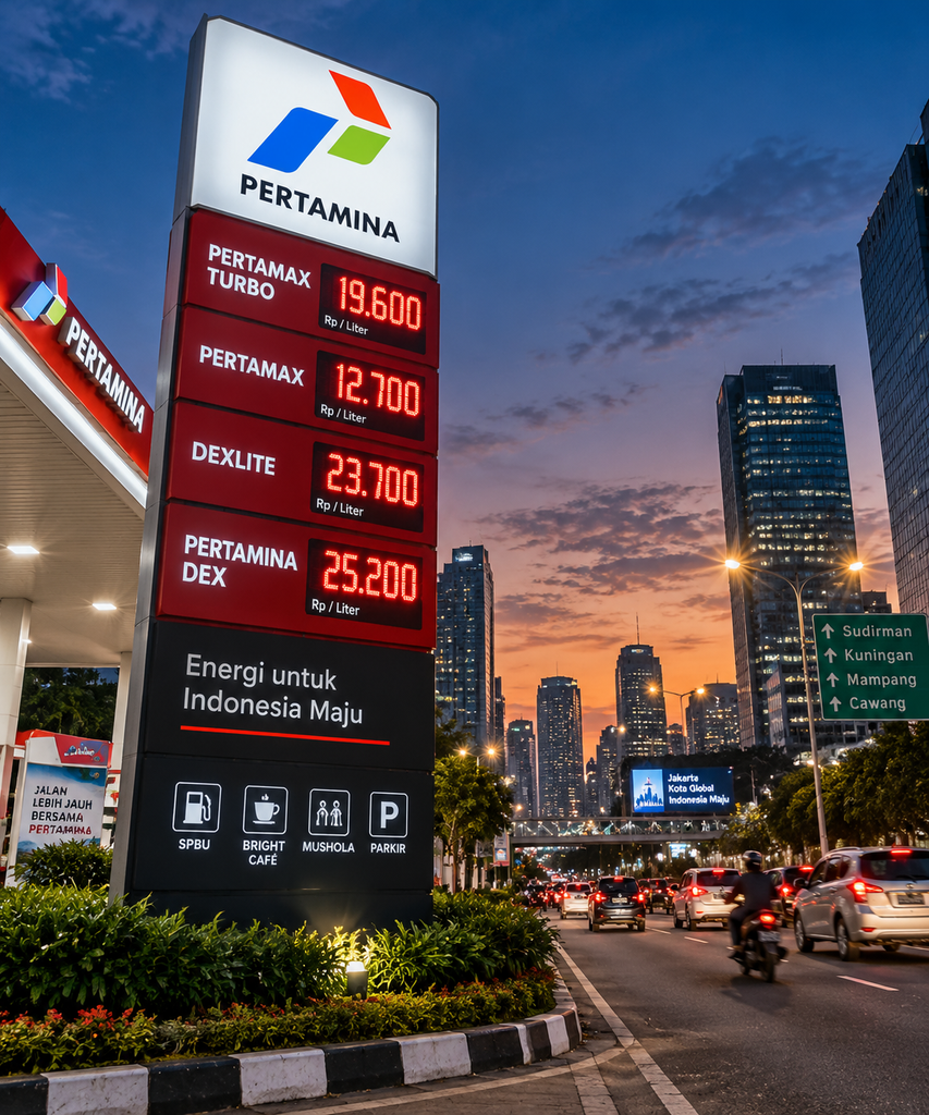Plang papan harga digital totem SPBU Pertamina menunjukkan tarif baru Pertamina Dex, Dexlite, dan Pertamax Turbo.