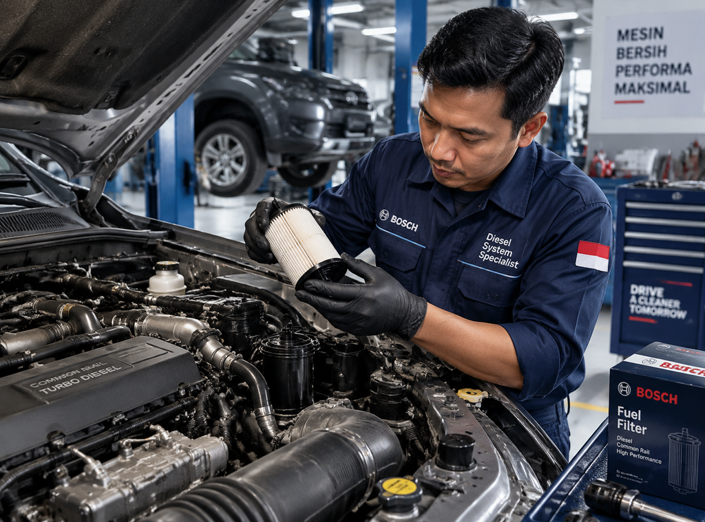 Mekanik memeriksa filter solar mesin diesel untuk mengoptimalkan efisiensi konsumsi bahan bakar Pertamina Dex.