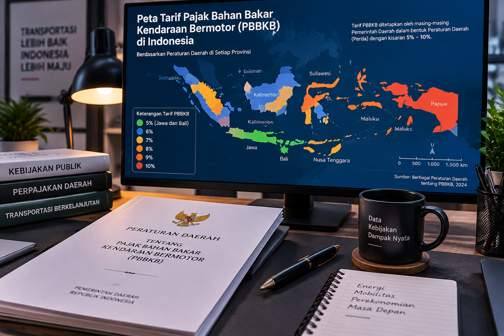 Peta zonasi Pajak Bahan Bakar Kendaraan Bermotor PBBKB 5 persen di wilayah Jawa dan Bali pada layar komputer.