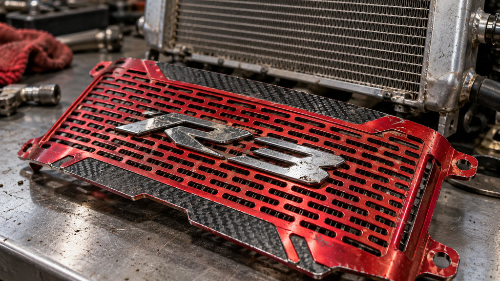 Detail kisi-kisi sempit dan ornamen tebal pada pelindung radiator variasi aftermarket murah yang menghambat aliran udara.