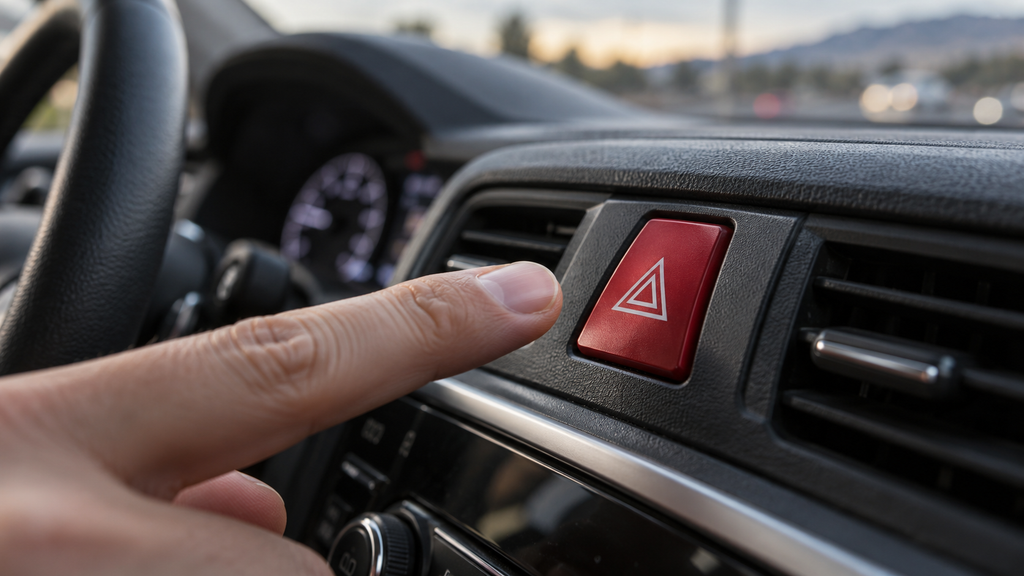 Tampilan jarak dekat (macro) jari pengemudi yang menahan diri untuk tidak menekan tombol lampu hazard berlambang segitiga merah di dasbor mobil.