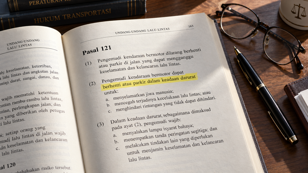 Buku Undang-Undang Lalu Lintas dan Angkutan Jalan yang terbuka pada halaman Pasal 121 mengenai aturan penggunaan lampu isyarat peringatan bahaya.