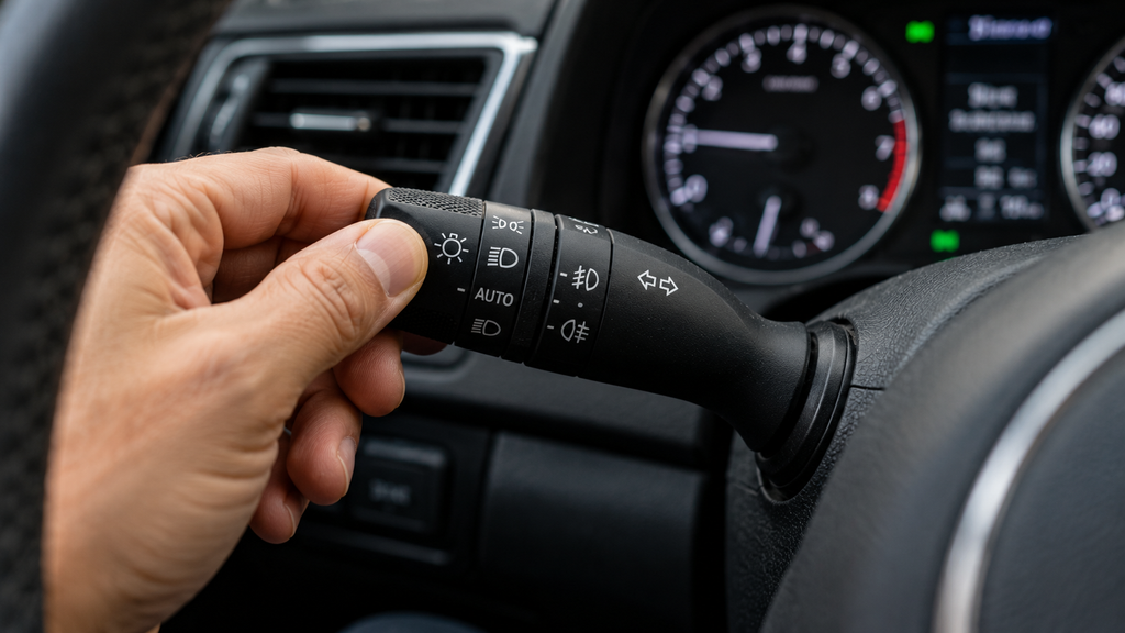Tampilan jarak dekat tangan pengemudi memutar tuas sakelar lampu mobil ke posisi low beam dan lampu kabut (fog lamp).