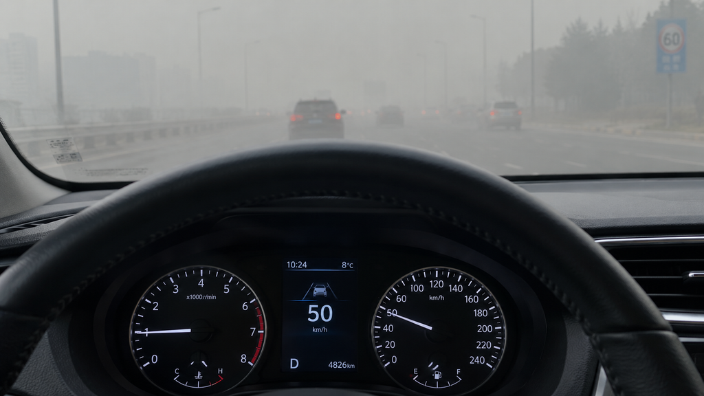 Tampilan spidometer dasbor mobil (instrument cluster) yang menunjukkan jarum kecepatan stabil di angka 50 km/jam saat melintasi jalan berkabut.
