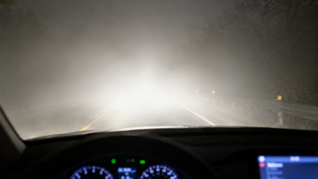 Kesalahan menyalakan lampu jauh (high beam) yang sinarnya justru memantul pada partikel kabut asap, menciptakan tirai putih yang membutakan (whiteout).