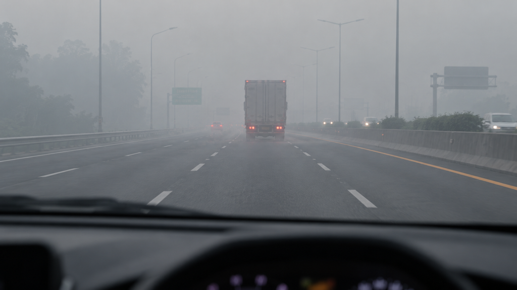 Mobil menjaga jarak aman yang cukup jauh (lebih dari 5 detik) dari truk besar di depannya saat melintasi jalan tol yang diselimuti kabut asap.
