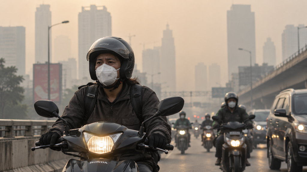 Pengendara sepeda motor menggunakan masker N95 di balik helm half-face, berkendara perlahan menembus udara yang berpolusi pekat.
