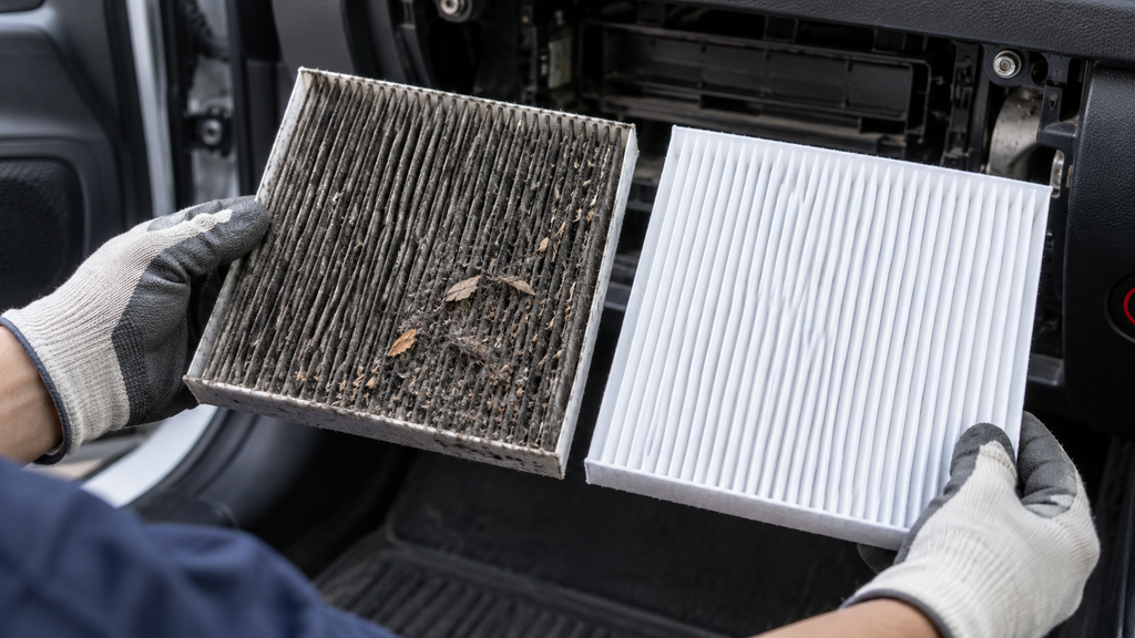 Tangan mekanik menarik keluar filter kabin AC mobil yang tampak kotor dan menghitam akibat sering menyaring udara berpolusi tinggi.