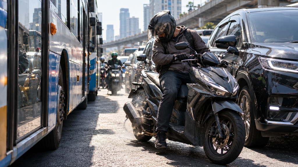 Motor matic berhenti di tengah kemacetan lalu lintas perkotaan yang padat dengan radiasi panas mesin meningkat.