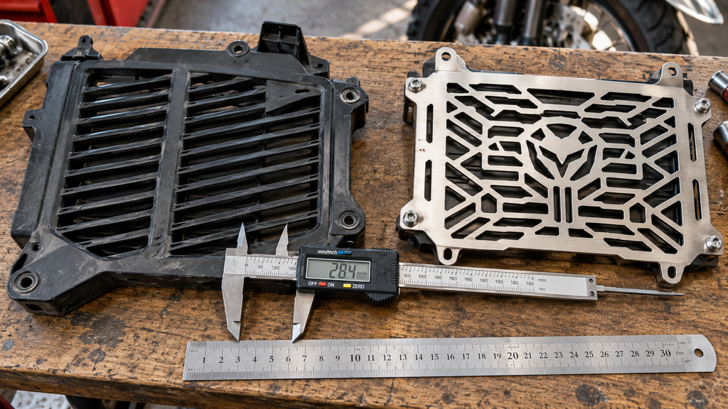 Komparasi fisik antara cover radiator standar pabrik dengan kisi aerodinamis lebar dan cover variasi murah bermotif padat.