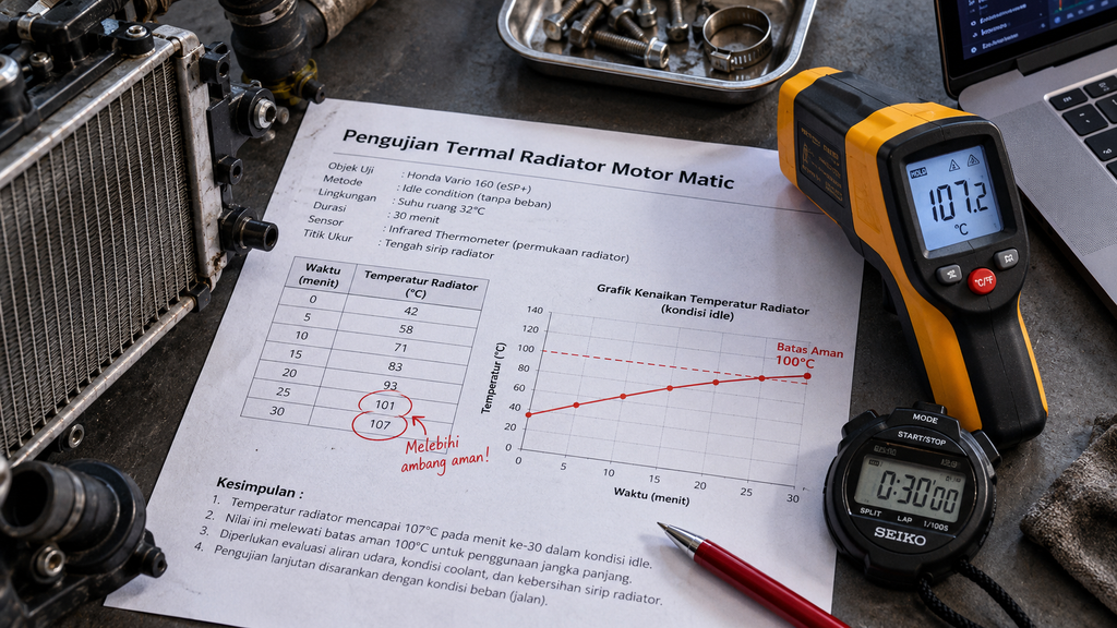 Pembeli memeriksa celah udara dan struktur sirip cover radiator motor matic sebelum membeli di toko aksesori motor.